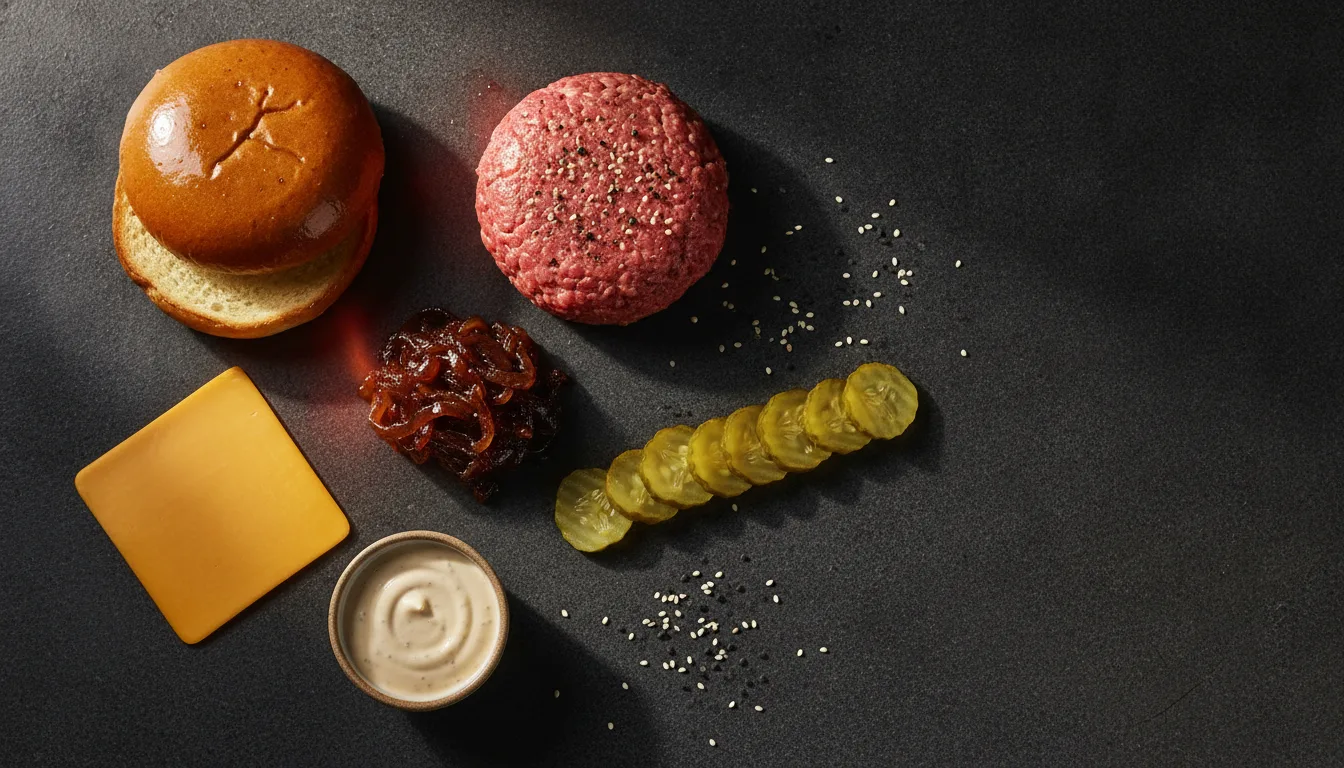 Zutaten eines Grillbox Smash: Potato-Bun, Smash-Patty, Highland Cheddar, karamellisierte Zwiebeln, Pickles und Grill-Box Sauce